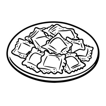 recommend clip art: Plate of Ravioli with Tomato Sauce – Black Outline Vector Illustration Ideal for Italian Restaurant Menus and Gourmet Food Promotions