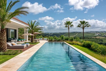 Obraz premium Modern swimming pool in Algarve, Portugal with palm trees, loungers, and a wooden terrace, surrounded by green mountains and garden.