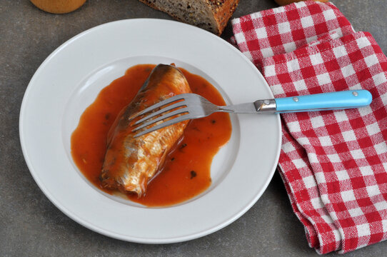 Filet de hareng sauce tomate dans une assiette avec une fourchette et une serviette de table vue de dessus en gros plan sur fond gris