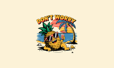 Pineapple lounging on beach with sunglasses, drink, sunset, palm tree.