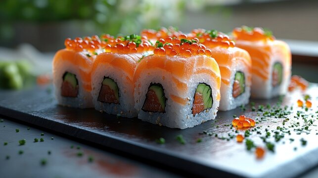 Sophisticated Sushi Rolls Arranged Neatly on a Pristine Slate Surface Perfect for Culinary Promotions and Restaurant Menus