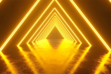 Bright yellow neon illuminating a triangle tunnel background with empty space for modern design and illustration