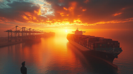 Naklejka premium A large ship is sailing in the ocean with a beautiful sunset in the background
