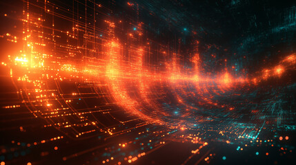 Fototapeta premium A computer generated image of a cityscape with bright orange and blue lights