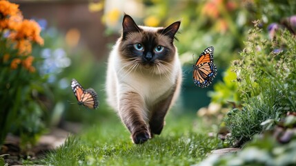 A playful cat walks through a garden, accompanied by colorful butterflies.