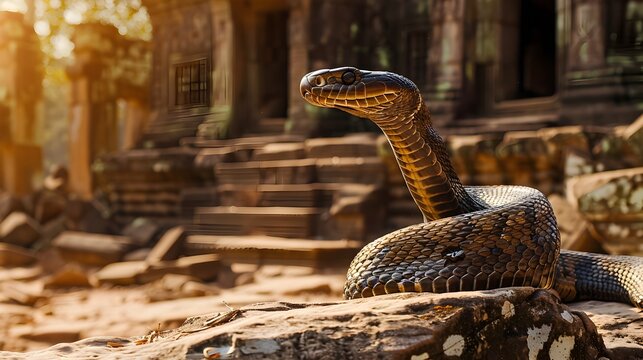 Majestic King Cobra Rearing Up in Ancient Temple Ruins