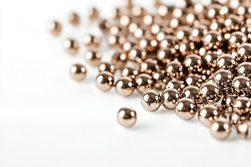 Scattered copper beads with reflective surfaces on white
