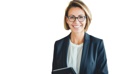 Smiling woman executive manager, secretary offering professional business services holding digital tablet standing on transparent background PNG.
