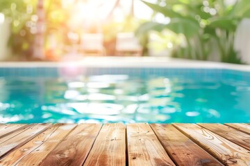 Relaxing poolside scene with sunlit water and wooden deck, perfect for summer getaway and tranquil moments.