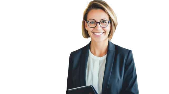 Smiling woman executive manager, secretary offering professional business services holding digital tablet standing on transparent background PNG.