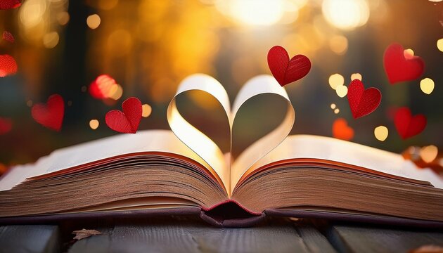 Open book with red heart decoration and falling heart-shaped bokeh in an autumn setting symbolizing love for reading