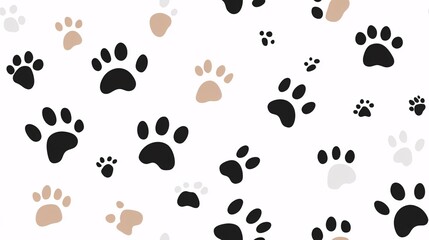 Paw Prints Pattern: A whimsical and playful seamless pattern featuring paw prints in black, brown, and gray against a white background. Perfect for pet-themed designs, backgrounds, and prints. 
