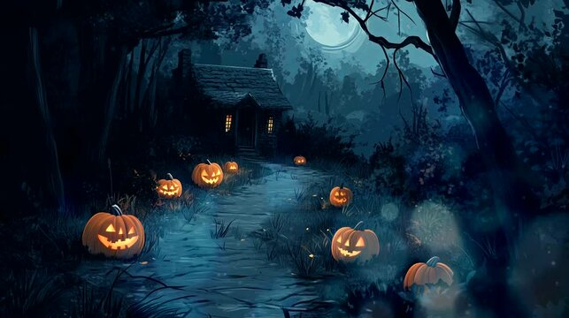 Moonlit forest path lined with sinister pumpkins with overgrown witch's hut deep in the woods. Halloween concept, looping 4k video animation background