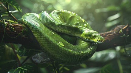 Obraz premium A Vibrant Green Tree Python Coiled Around a Branch in a Rainforest