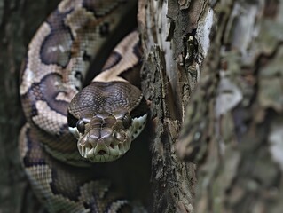 A Close Up View of a Coiled Boa Constrictor Wrapped Around a Tree Trunk Showcasing Its Raw Power and Precision