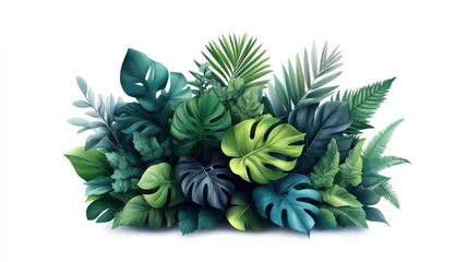 Fotobehang A vibrant arrangement of tropical leaves in various shades of green, including monstera and palm leaves, isolated on a white background. © khonkangrua