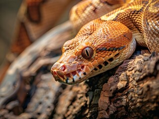 Fototapeta premium Coiled Boa Constrictor Wrapped Around Tree Trunk Showcasing Raw Power and Precision
