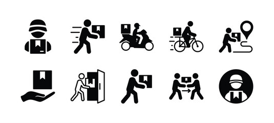 Package delivery courier flat icon set. Parcel shipping or shipment service. Containing man, motorcycle, bicycle, tracking, receive packet, human give cardboard box. Vector illustration