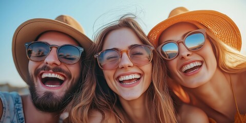 Three friends with broad smiles wearing sunglasses and hats enjoying a sunny day, exuding joy and camaraderie.