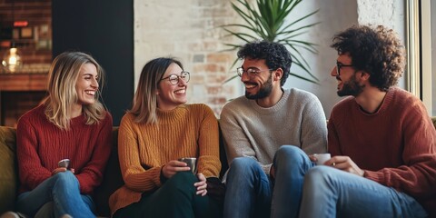 Four friends, dressed warmly, enjoy coffee and conversation indoors, reflecting warmth, camaraderie, and a cozy atmosphere.