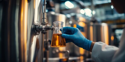 A scientist in a laboratory holding a flask with a liquid sample, conducting a quality test in an industrial brewing facility.