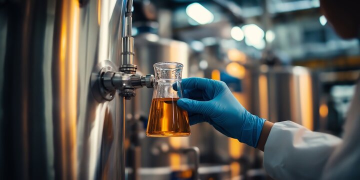 A scientist in a laboratory holding a flask with a liquid sample, conducting a quality test in an industrial brewing facility. - Powered by Adobe