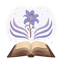 Old magical open book with a flower and sparks, shining notebook with blank pages and exquisite blue lily, vintage empty paper, dark academy literature, back to school vector color illustration