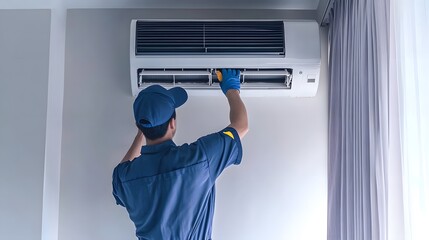 An air conditioning technician is repairing air conditioners in the room