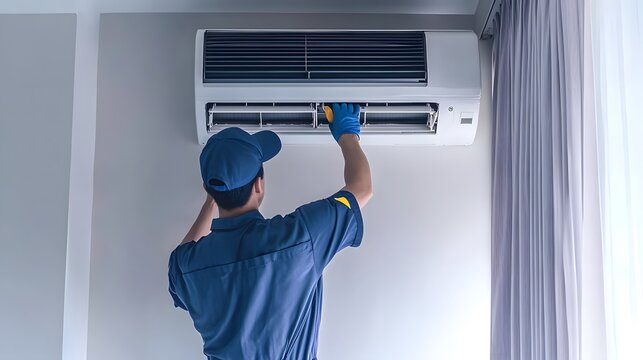An air conditioning technician is repairing air conditioners in the room