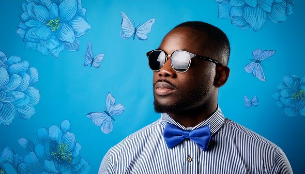 Stylish African Man in Sunglasses and Bow Tie with Blue Floral Background, Contemporary Pop Art Portrait - Powered by Adobe