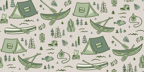 Seamless vector repeating pattern in hiking, camping outdoors theme in tonal shades of green and tan. Lake life, woodland background with tents, canoes and oars, backpacks, trees, fish, hiking boots