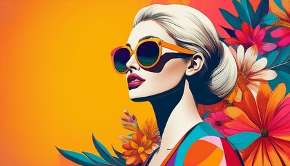 Vibrant Modern Pop Art Portrait of Woman in Bold Sunglasses with Colorful Floral Elements - Retro...