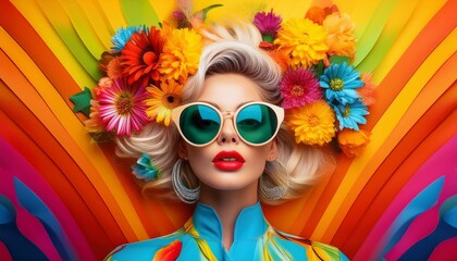 Vibrant Pop Art Portrait of Young Woman with Flower-Adorned Hair and Sunglasses on Colorful Background - Bold Modern Painting in Bright Hues