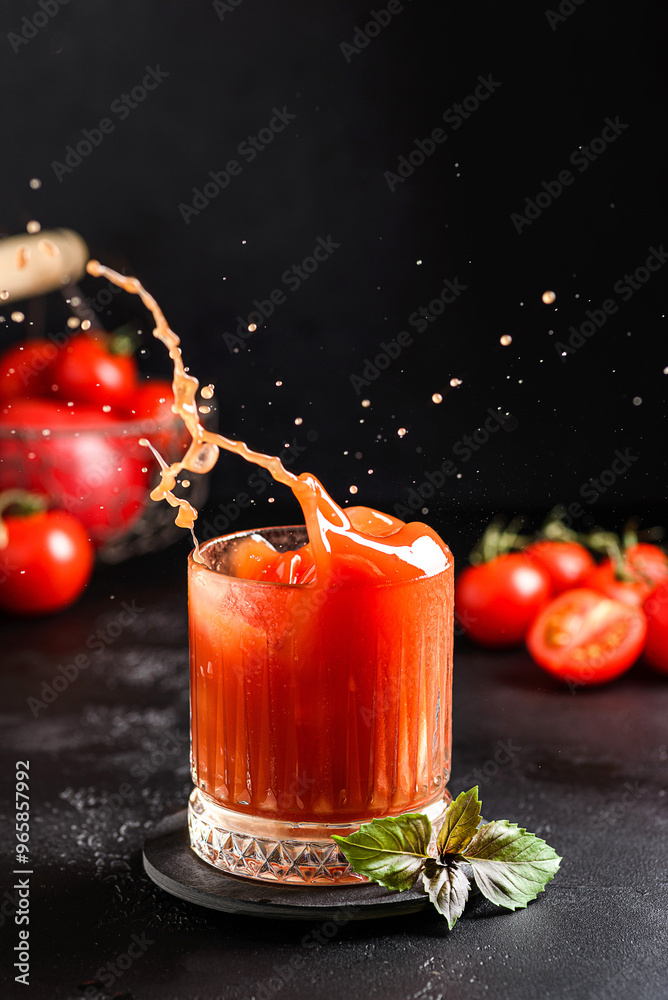 Wall mural tomato juice with basil and splashes