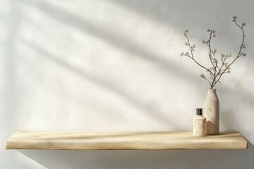 A shelf with a vase and a bottle on it