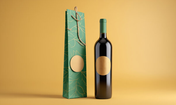 A bottle of wine and a gift bag on a yellow background