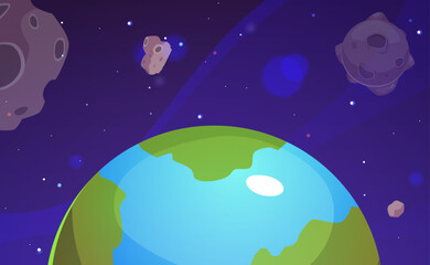 Cartoon space game landscape, Earth planet in cosmic space with stars and asteroid, vector universe background Astronomy