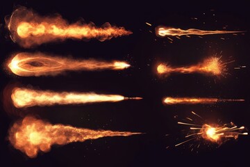 Gun flashes with smoke and fire sparkles. Pistol shots clouds, muzzle shotgun explosion. Blast motion, weapon bullets trails isolated on black background. Realistic 3d vector illustration