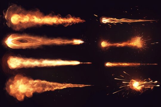 Gun flashes with smoke and fire sparkles. Pistol shots clouds, muzzle shotgun explosion. Blast motion, weapon bullets trails isolated on black background. Realistic 3d vector illustration