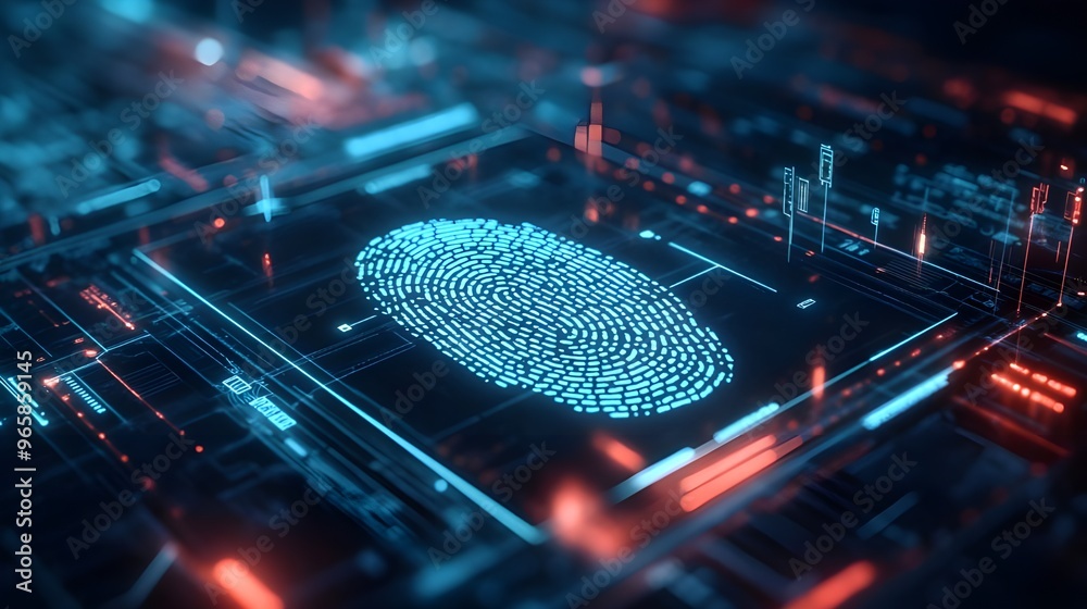 Poster a futuristic image showing a digital fingerprint scan on a transparent screen with a holographic int