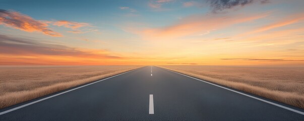 Straight road under a colorful sunset sky, embodying the balance between business achievement and personal well-being, journey