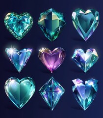 Fototapeta premium Precious emerald stones, shiny blue glass crystals isolated on transparent background. Vector realistic set of glow gemstone in shape of heart and crystal gems with magic light