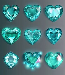 Fototapeta premium Precious emerald stones, shiny blue glass crystals isolated on transparent background. Vector realistic set of glow gemstone in shape of heart and crystal gems with magic light