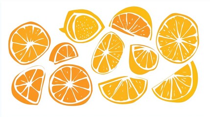Obraz premium Fresh orange slices arranged artfully on a white background showcasing varying shapes and sizes, perfect for a fruity design
