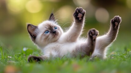 A playful kitten lying on grass, showcasing its adorable features and playful nature.