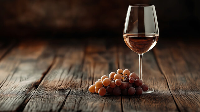 A glass of rose wine next to a bunch of red grapes on a rustic wooden table, with a dark blurred background. The image exudes a cozy, warm atmosphere.