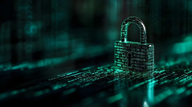 A conceptual photo featuring a padlock placed over a stream of binary code projected onto a dark surface, representing data encryption and cybersecurity.