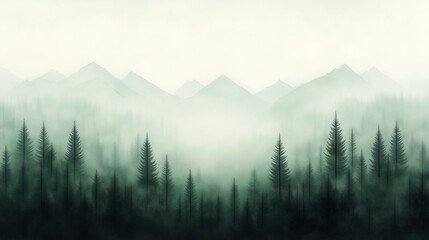 Obraz premium A painting of a forest with trees and mountains in the background