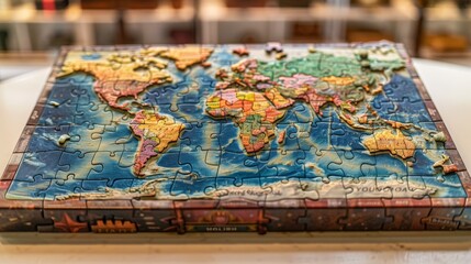 Wide-angle view of partially completed puzzle on white table, depicting detailed map of the world with colorful continents and oceans. Educational concept