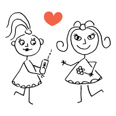 Hand drawing happy cute girls with flower and telephone. Two girls and heart for valentine day. Imitation childish drawing. Vector isolated illustration for card.